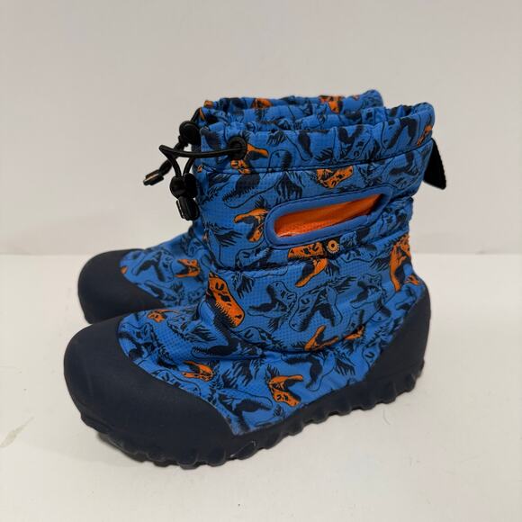 Bogs Youth Kids B Moc Snow Boots Sherpa Lined Dino Print Blue Orange Size 2 - Picture 2 of 8